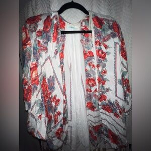 Kimchi Blue Floral Kimono with Red and Gray Accents